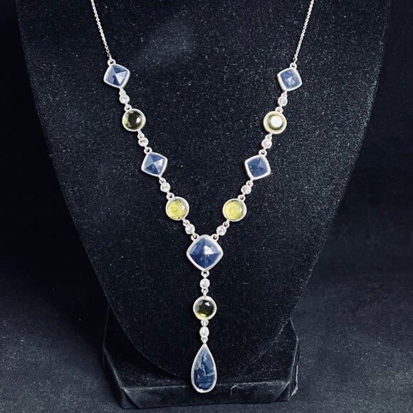 Unbranded Jewelry - Silver Tone Lariat Neccklace With Blue Green And Yellow Faceted Crystals (5376)